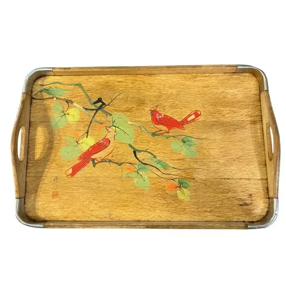 Vintage MCM Hand painted Japanese Cardinals Wood & Metal Tray - Picture 1 of 4